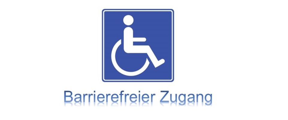 Blaues Rollstuhlfahrerhinweisschild mit dem Schriftzug Barrierefreier Zugang
